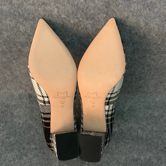 Marc Fisher Women’s Black and Off White Plaid Chunky Heel Pointed Toe Shoes - Picture 11 of 13
